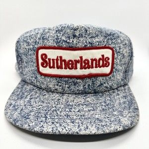 Vtg Sutherlands Stonewashed Denim Blue Patch Hat Red‎ & White Patch